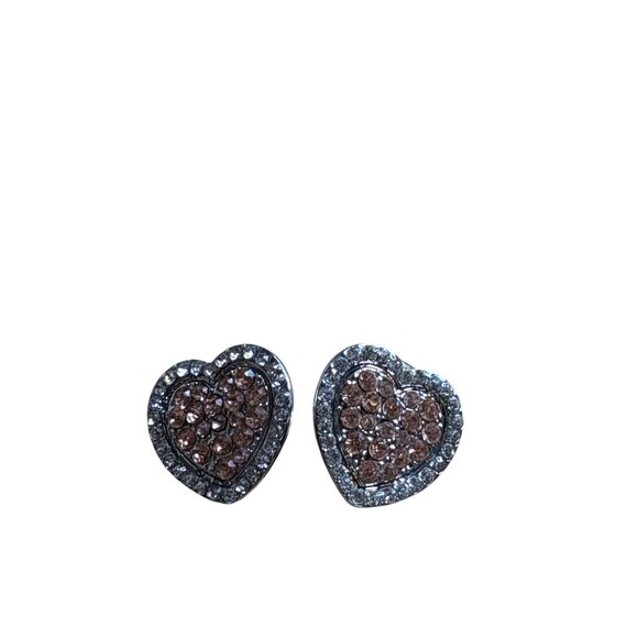 Heart Shaped Stud Earrings Rhinestone Pave Silvertone 0.75 inch - Picture 2 of 4